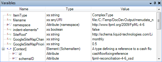 Liquid XML Studio Debugger - Local Variables ToolWindow