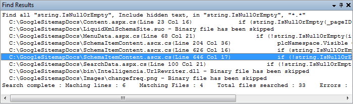 Liquid XML Studio Find Results Window